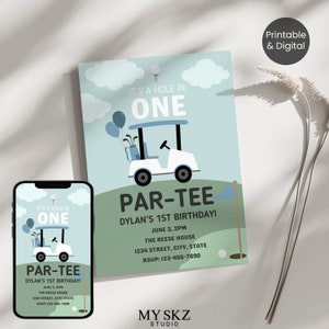 Golf Birthday Invitation Template, Editable Printable Birthday Invitation, Hole in One First Birthday, Par-Tee Invite, Instant download