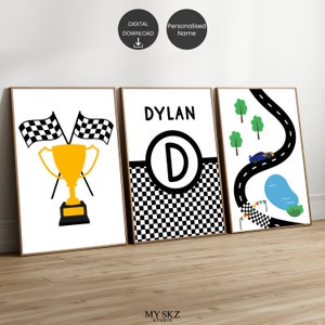 Racing Car Set of 3 Wall Art Prints, Custom Name Print, Custom Race Car Poster, Boys Bedroom Decor, Race Car Prints, Boy Room Decor