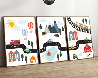 Set of 3 Car Wall Art Prints, Car, Vehicle, Transportation, Cars Road, Nursery Child Kids Decor, Car Print for Boys Room, Digital Download