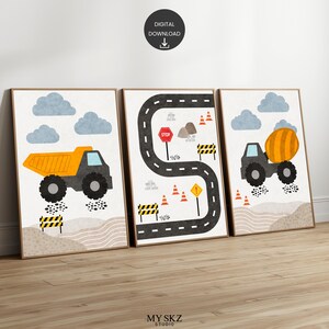 Baustelle Straßen Karte Prints, Baulastwagen Druck, 3-er Set Drucke, Baustelle Poster für Kinder, Straßenkarte Druck, Jungenzimmer Dekor