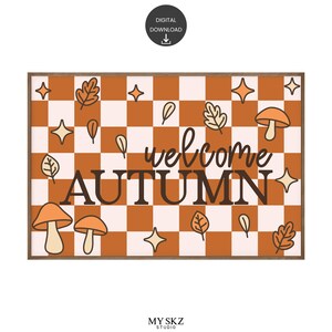 Impresión de arte de pared con hojas y hongos de bienvenida al otoño, impresión de bienvenida al otoño, impresión de hojas, impresión de hongos, póster de otoño, póster de otoño