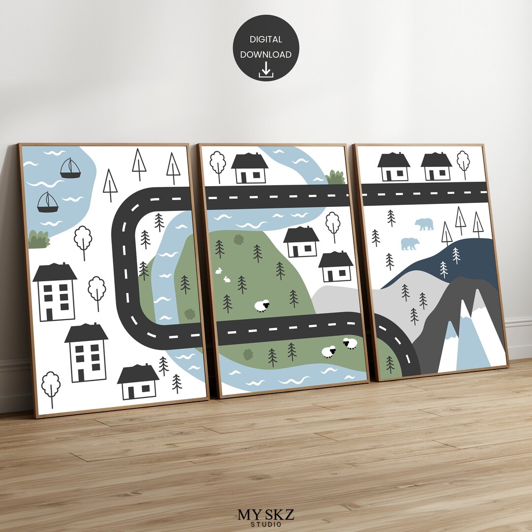 Set of 3 Road Map Car Wall Art Prints, Car, Vehicle, Cars Road, Nursery