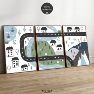 3er Set Straßenkarte Auto Wand Kunst Druckt, Auto, Fahrzeug, Autos Straße, Kinderzimmer Kinder Druck, Druck für Jungen Zimmer, Kinder Karte Poster, Digitaler Download
