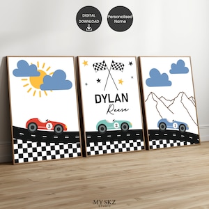 Wegenkaart racewagenafdrukken, aangepaste naamafdruk, set van 3 kunstafdrukken aan de muur, jongensspeelkamer, raceautoposter, racebaanafdruk, jongenskamerdecor