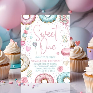 Sweet One Invite - Editable - Birthday - Canva template - Desserts - Digital download - Printable - First Birthday