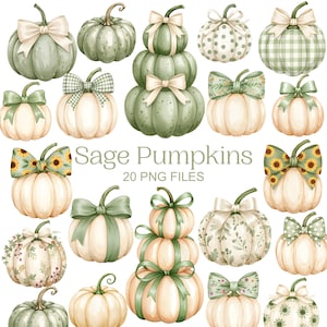 May include: An assortment of sage green and cream pumpkins adorned with bows. Some pumpkins are stacked, while others feature floral or patterned designs. The text "Sage Pumpkins" and "20 PNG FILES" is displayed.