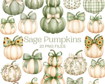 Sage Pumpkin Clipart - Watercolor - High Quality - Pumpkin Png - Commercial Use - Digital Download - Autumn Clipart - Gingham - Polka dot