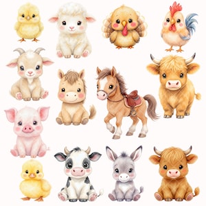 May include: Watercolor illustrations of various farm animals, including a chick, lamb, turkey, rooster, goat, foal, horse, cow, pig, duckling, calf, donkey, and another cow. Each animal is depicted in a cute, cartoon style with soft colors and details.