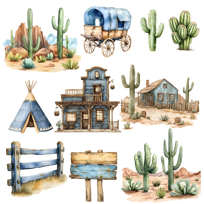 Pu&ograve; includere: Illustrazioni ad acquerello del sud-ovest americano. L'immagine presenta un carro coperto blu, cactus, un teepee, un saloon, una casetta, una staccionata in legno e un cartello in legno. Le illustrazioni sono in un paesaggio desertico.