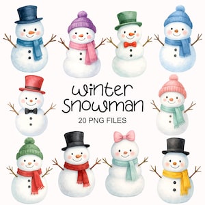 May include: Watercolor illustration of multiple snowmen wearing hats, scarves, and bowties. The snowmen have twig arms and button eyes. The text "Winter Snowman" and "20 PNG FILES" is also included.
