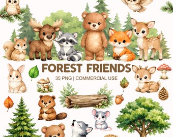 Cute Woodland Clipart - Watercolor - Forest Animals Png - Commercial Use - Bear - Fox - Deer