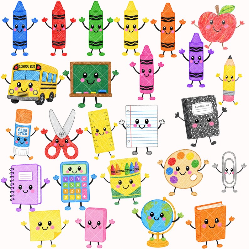 May include: A collection of colorful school supply illustrations featuring anthropomorphic characters with smiling faces, including crayons, a school bus, a chalkboard, a globe, a calculator, scissors, a glue stick, a notebook, and a paint palette.