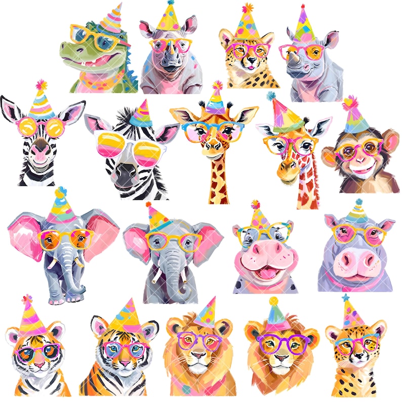 May include: A digital illustration of 16 different animals wearing party hats and sunglasses. The animals include a zebra, giraffe, rhino, elephant, lion, tiger, cheetah, monkey, hippopotamus, and crocodile. The animals are all wearing colorful party hats and sunglasses.