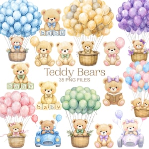 Puede incluir: Ilustración en acuarela con osos de peluche con globos, cestas y coches. Algunos osos sostienen bloques con la palabra "baby". La imagen incluye el texto "Teddy Bears" y "35 PNG FILES."