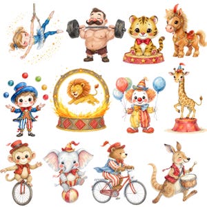 May include: A set of charming circus illustrations featuring a gymnast, strongman, tiger, horse, juggler, lion, clown, giraffe, monkey on a unicycle, elephant on a ball, bear on a bicycle, and a kangaroo playing drums.