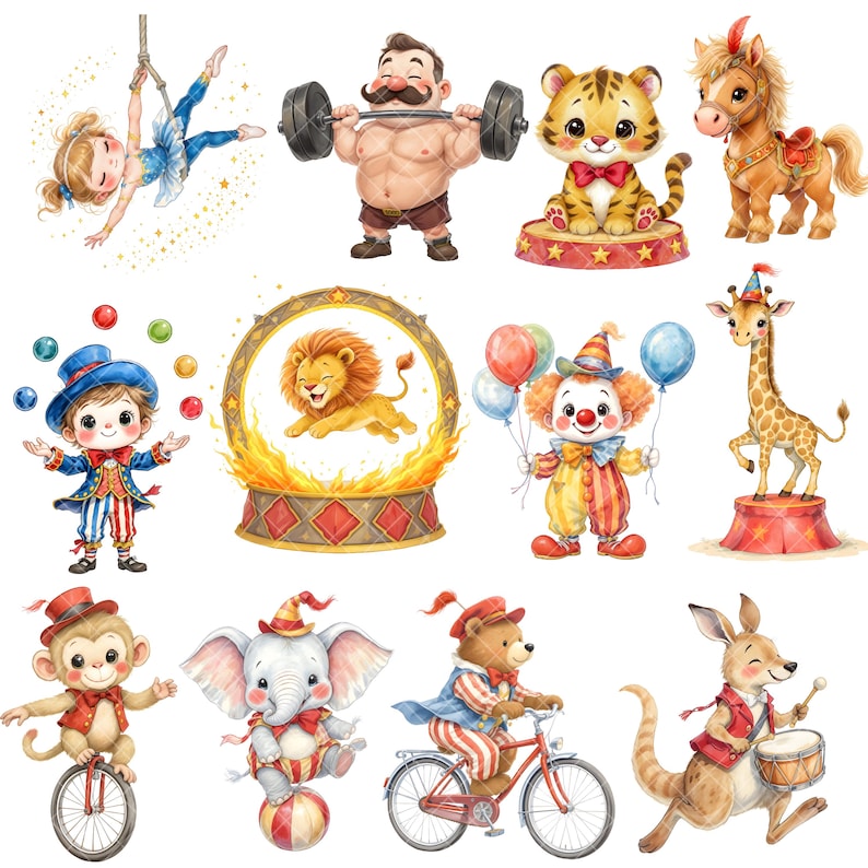 May include: A set of charming circus illustrations featuring a gymnast, strongman, tiger, horse, juggler, lion, clown, giraffe, monkey on a unicycle, elephant on a ball, bear on a bicycle, and a kangaroo playing drums.