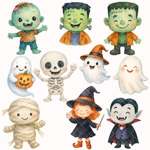 Cute Halloween Clipart - Watercolor - Kawaii Png - Ghost - Frankenstein ...
