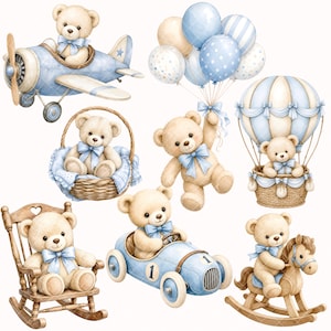 Puede incluir: Una colecci&oacute;n de ilustraciones con osos de peluche de color marr&oacute;n claro con lazos azules. Los osos se muestran volando un avi&oacute;n azul, sosteniendo globos azules, sentados en una cesta de mimbre, en un coche de carreras azul, en una mecedora y en un caballo balanc&iacute;n.