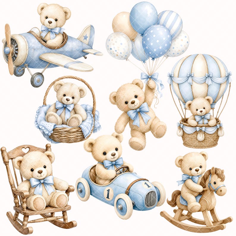 Puede incluir: Una colecci&oacute;n de ilustraciones con osos de peluche de color marr&oacute;n claro con lazos azules. Los osos se muestran volando un avi&oacute;n azul, sosteniendo globos azules, sentados en una cesta de mimbre, en un coche de carreras azul, en una mecedora y en un caballo balanc&iacute;n.