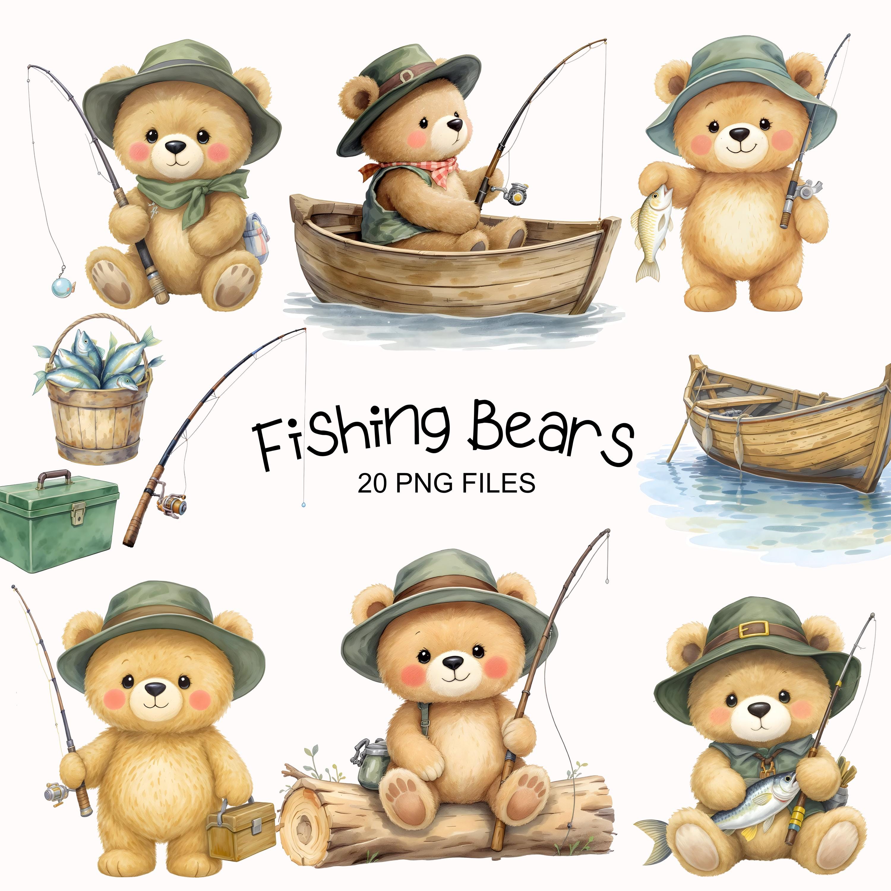 Fishing Bears Clipart - Watercolor - Teddy Bear Png  - Fishing Png - Cute Nursery Clipart - Commercial Use