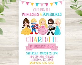 Princess & Superhero invitation, Editable, Birthday party, Invitation template, Digital Download