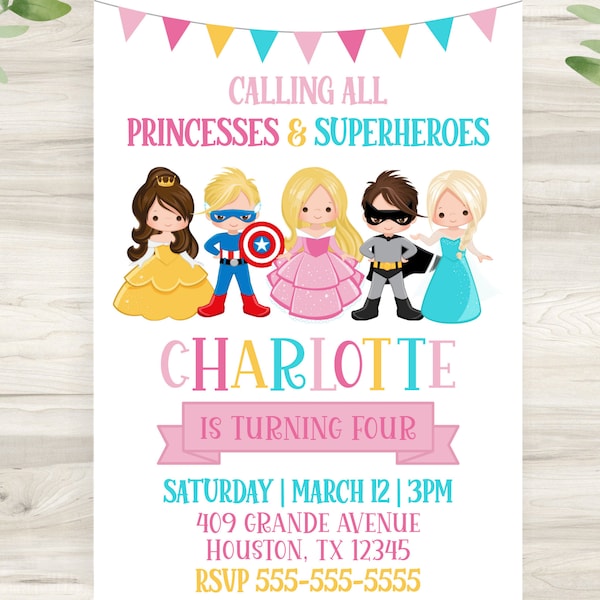 Princess & Superhero invitation, Editable, Birthday party, Invitation template, Digital Download