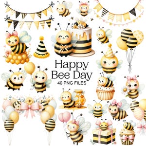 Peut inclure: Un ensemble de 40 images clipart numériques représentant de jolies abeilles de dessin animé, des ballons, des chapeaux de fête et d'autres décorations sur le thème des abeilles. Les images sont parfaites pour créer des invitations, des décorations de fête ou d'autres projets d'artisanat. Le texte "Happy Bee Day" est inclus dans l'image.