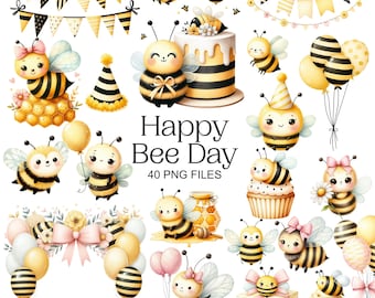 Bee Day Clipart - Watercolor - Bumblebee Png - Cute Honeybee - First Bee Day - Birthday  Clipart - Commercial Use