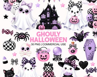 Halloween Clipart - Cute Ghosts - Girly - Checkered - Groovy - Commercial Use