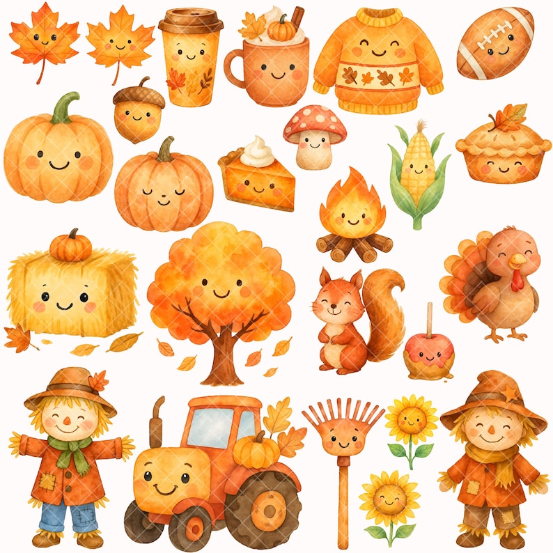 May include: A watercolour illustration featuring autumn-themed objects such as pumpkins, leaves, a tractor, and a scarecrow. The image uses a warm colour palette of orange, yellow, and brown, with smiling faces on each object. The overall theme is autumn and harvest.