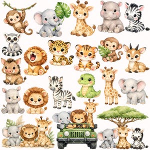K&ouml;nnte beinhalten: Eine Sammlung von Aquarellillustrationen verschiedener Baby-Safari-Tiere. Die Tiere umfassen einen Affen, einen Elefanten, eine Giraffe, ein Nilpferd, ein Zebra, einen Lemur, einen Leoparden, einen Tiger, ein Nashorn, einen L&ouml;wen, ein Warzenschwein, ein Krokodil und ein Reh.