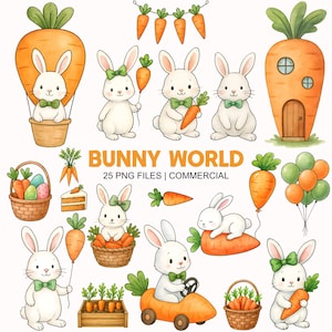 Puede incluir: Ilustraciones en acuarela de conejos blancos con lazos verdes, zanahorias y objetos con forma de zanahoria. La imagen incluye un conejo en globo aerostático, una casa de conejos y el texto "BUNNY WORLD".