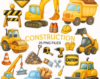 Watercolor Construction Clipart – Dump Truck, Excavator PNG (Digital Download)