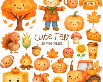 Cute Fall Clipart - Watercolor - Kawaii Png - Pumpkin - Scarecrow - Autumn - Kid's Clipart Bundle - Commercial Use