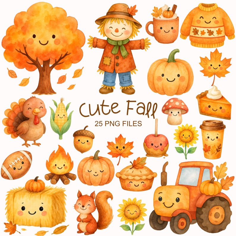 May include: A set of watercolour illustrations with an autumnal theme. Features a smiling scarecrow, pumpkins, a tree, a turkey, a squirrel, and a tractor. The text "Cute Fall" is displayed with "25 PNG FILES" below it.
