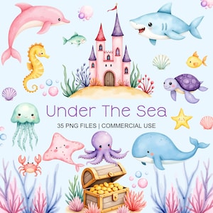 Puede incluir: Ilustración en acuarela con varias criaturas marinas, como un delfín rosa, un caballito de mar amarillo y un tiburón sonriente. También hay un castillo rosa con torres moradas y el texto "Under The Sea". La imagen incluye un cofre del tesoro y otras criaturas marinas.