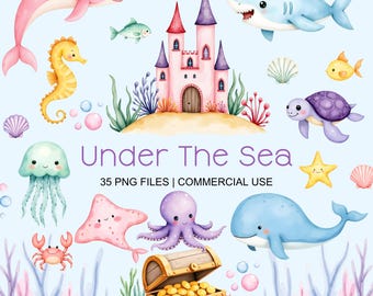 Pastel under the sea clipart - Watercolor - High Quality - Cute Sea Animals - Ocean Png - Nursery Art - Commercial Use