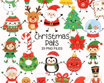Cute Christmas Clipart - Crayon Doodle - Kawaii - Christmas Characters Png - Commercial Use