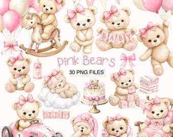 Pink Teddy Bear Clipart - Watercolor - Nursery Art - Baby Shower Clipart - Commercial Use