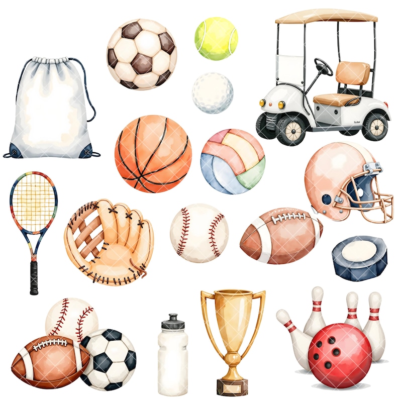 May include: Watercolor illustration of various sports equipment and accessories, including a golf cart, baseball, football, basketball, soccer ball, bowling pins, a trophy, a water bottle, a baseball glove, a helmet, a tennis racket, and a drawstring bag.