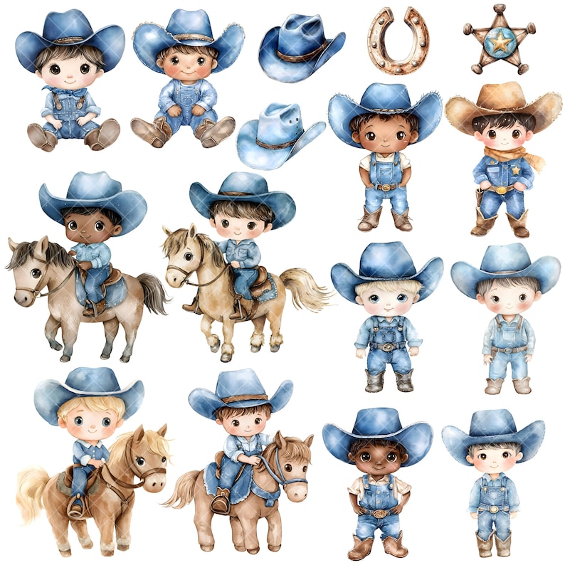 Pu&ograve; includere: Illustrazioni ad acquerello di personaggi a tema cowboy. L'immagine presenta diverse figure in tuta di jeans e cappelli da cowboy, alcune a cavallo. Ulteriori elementi includono un ferro di cavallo e una stella da sceriffo, il tutto in stile acquerello.
