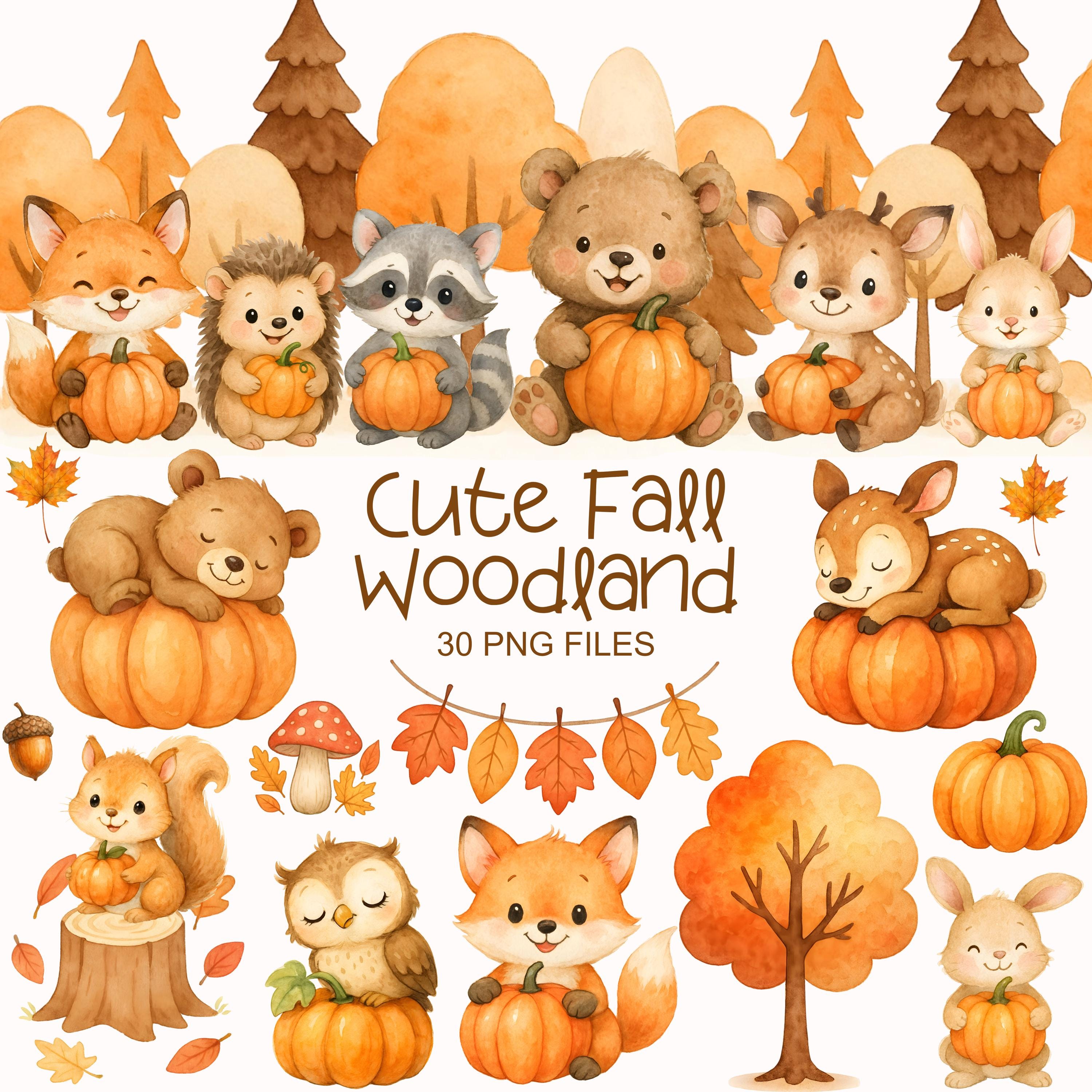Cute Fall Woodland Clipart - Watercolor - Forest Animal Png - Bear ...