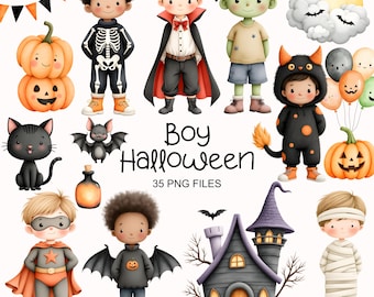 Boys Halloween Clipart - Watercolor - Cute Halloween Png - Costume - Vampire - Zombie - Monster - Kids Halloween - Commercial Use