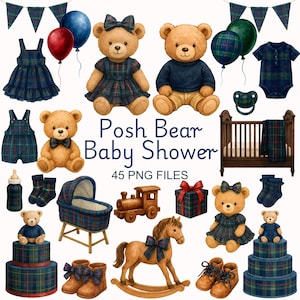 Puede incluir: Ilustraciones en acuarela para un baby shower, con osos de peluche, globos y ropa de bebé. El tema es "Posh Bear Baby Shower" con un patrón de cuadros en azul marino, verde y rojo. Incluye un caballito balancín y una caja de regalo.