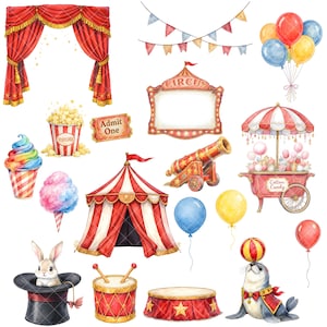 May include: A watercolour illustration featuring circus-themed elements. It includes a red and white striped tent, popcorn, balloons, a seal balancing a ball, and a cotton candy cart. Other items include a stage, a cannon, and a rabbit in a top hat.