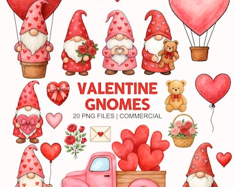 Peut inclure: Illustration à l'aquarelle avec des gnomes de la Saint-Valentin, des cœurs et un camion rose. Les gnomes portent des chapeaux rouges à motifs de cœurs et tiennent des roses, des ballons et des ours en peluche. Le texte "VALENTINE GNOMES" est inclus.