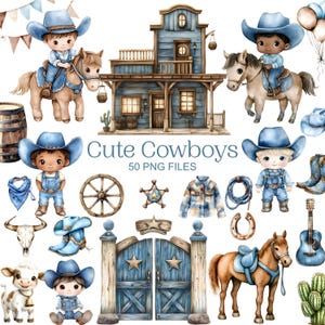 Pu&ograve; includere: Illustrazione ad acquerello con una collezione di simpatiche grafiche a tema cowboy. Include cowboy a cavallo, una citt&agrave; western, stivali da cowboy, una chitarra e altri elementi western. &Egrave; presente anche il testo "Cute Cowboys".