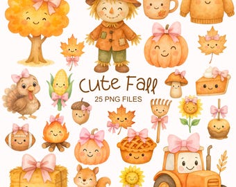 May include: A set of watercolour illustrations with a charming autumn theme. The image includes a scarecrow, pumpkins, leaves, a turkey, and a tractor, all with smiling faces and pink bows. The text "Cute Fall" is also included.