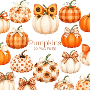 May include: A collection of watercolor pumpkins in various designs, including orange plaid, white with sunflowers, and polka dots. Each pumpkin has a decorative bow. The text "Pumpkins 20 PNG FILES" is also included.
