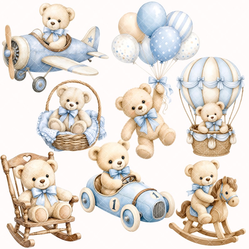 Puede incluir: Una colecci&oacute;n de ilustraciones con osos de peluche de color marr&oacute;n claro con lazos azules. Los osos se muestran volando un avi&oacute;n azul, sosteniendo globos azules, sentados en una cesta de mimbre, en un coche de carreras azul, en una mecedora y en un caballo balanc&iacute;n.